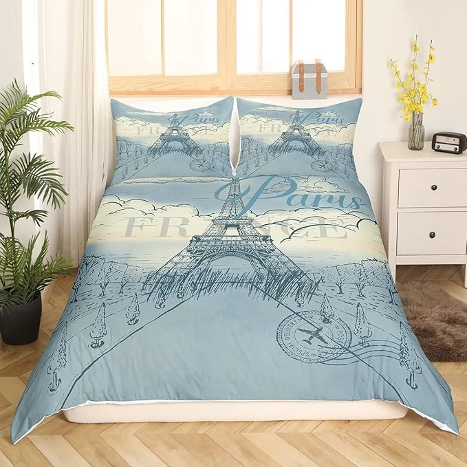 Enhanced Castle Fairy Eiffel Tower Bedding Set Retro Paris Style Duvet Cover Set Vintage Cityscape Comforter Cover Boys Girls Landmark Bedspread Cover Bedroom Quilt Cover Queen with 2 Pillowcase No Comforter Advanced