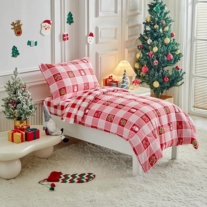 Effective Christmas Toddler Bedding Set for Boys Girls Red White Plaid Colorful Holiday 4PC Toddler Bed Set – Cute Toddler White Bed in a Bag with Snowman Socks GIF Box Recyclable