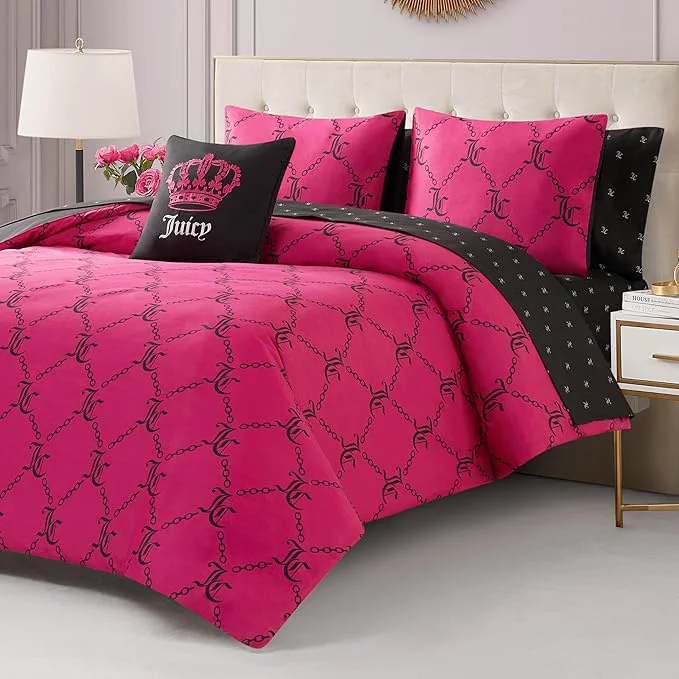 Outstanding Juicy Couture Hot Pink Black Link Logo Printed Comforter Set Full – Complete 8-Piece Bed in a Bag Collection Exclusive