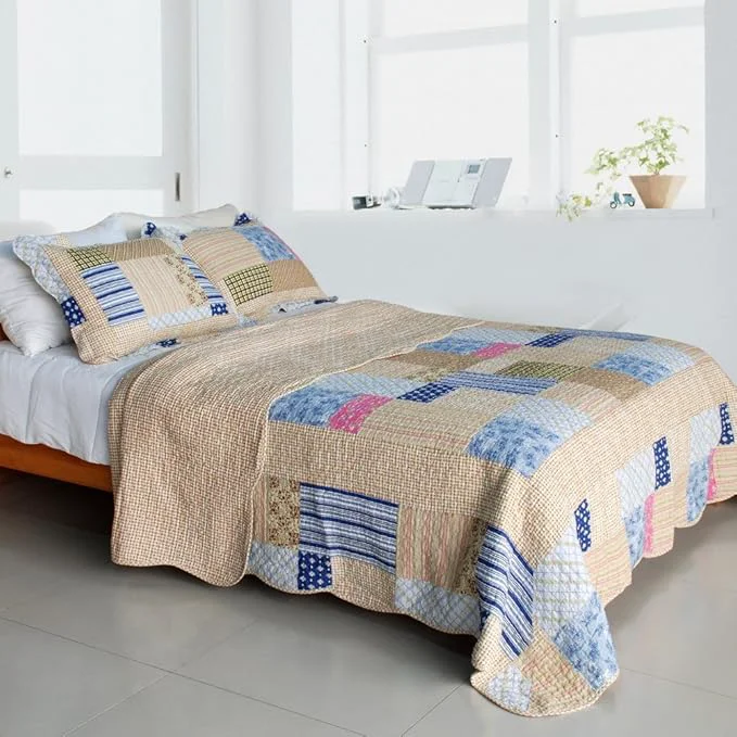 Recyclable Classic Plaids Cotton 3PC Vermicelli-Quilted Printed Quilt Set Full Queen Size Easy-to-Use