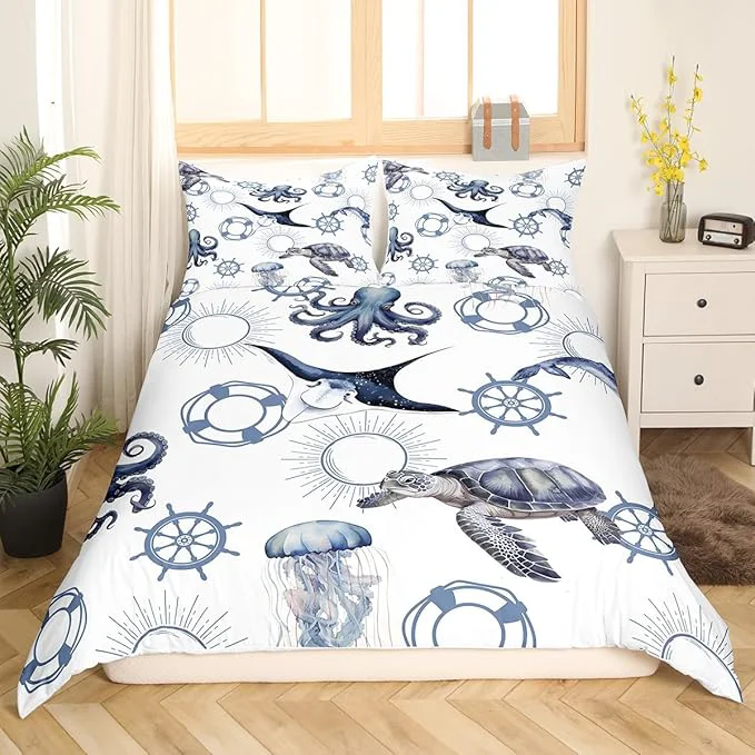 Modern Sea Turtle Full Size Duvet Cover Octopus Jellyfish Ocean Life Bedding Set for Kids Teens Nautical Style Sea Animals Comforter Cover Soft Quilt Cover No Comforter Quality