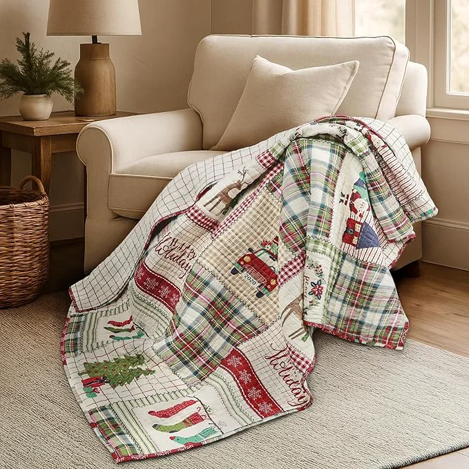 Dependable Levtex Home – Home for Christmas Sage – Quilted Throw 50x60in. – Patchwork Holiday – Red Green White – Reversible – Cotton Consistent