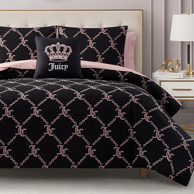 Genuine Juicy Couture Black Link Logo Printed Comforter Set Full – Complete 8-Piece Bed in a Bag Collection Healthy