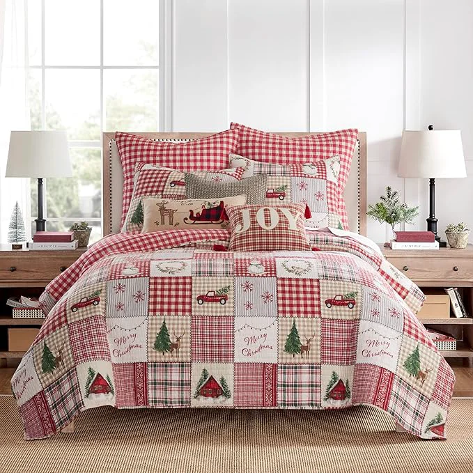 Lightweight Levtex Home – Home for Christmas Quilt Set – Twin Twin XL Holiday Quilt 68×86 and One Standard Pillow Sham 20×26 – Green Red Taupe and Cream – Reversible – Cotton Polyester Safe