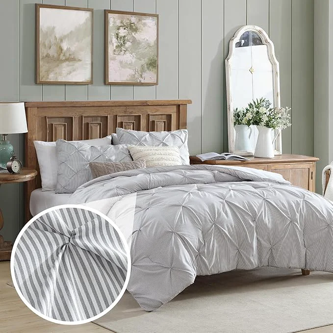 Exclusive Swift Home Twin Twin XL Pinstripe Charcoal Grey Comforter Set – Classic Pintuck Bedding Set – 2 Pieces Bed Linen 1 Comforter and 1 Pillow Sham