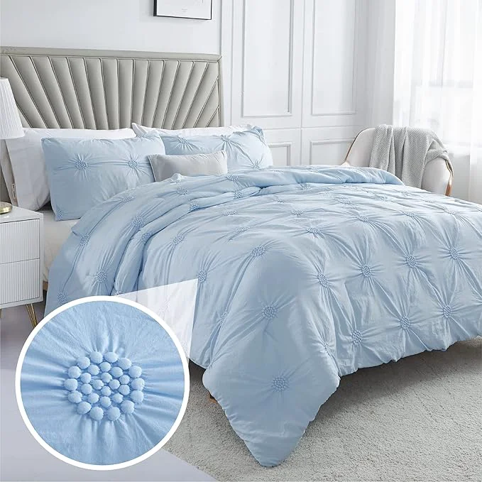 Relaxed Swift Home King Baby Blue Comforter Set – Ruched 3D Floral Pintuck Bedding Set – 3 Pieces Bed Linen 1 Comforter and 2 Pillow Shams Original