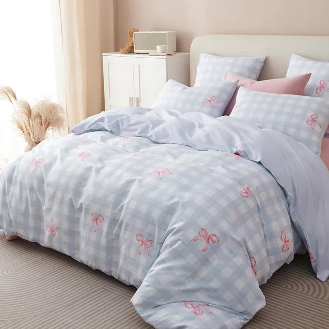 Efficient Blue Plaid Comforter Set Full Size – Pink Bow Quilt Bedding Set 3 Pieces Gingham Comforter Set Full Soft amp Lightweight Comforter 79 x 90 for Girl All Season amp 2 Pillowcases 30 x20 First-Class