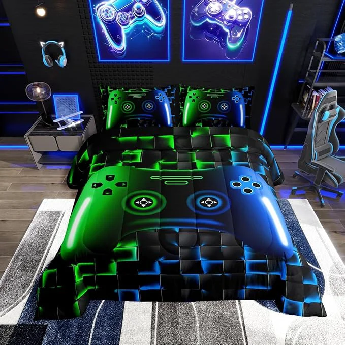 Next-Generation Erosebridal Gaming Comforter Sets for Boys Queen Size Bedding Sets for Boys Girls Kids 3D Gamer Geometric Comforter Game Console Lightweight Microfiber Duvet Quilt Neon Green Blue Black Glowing Functional