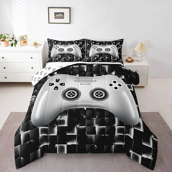 Clean Erosebridal Kids Gaming Bedding Sets for Boys King Black White Gamer Comforter Set Geometric Checkered Game Console Bedding Set for Teen Youth Men 3D Video Game Gamepad Quilt Duvet 3 Piece Outstanding