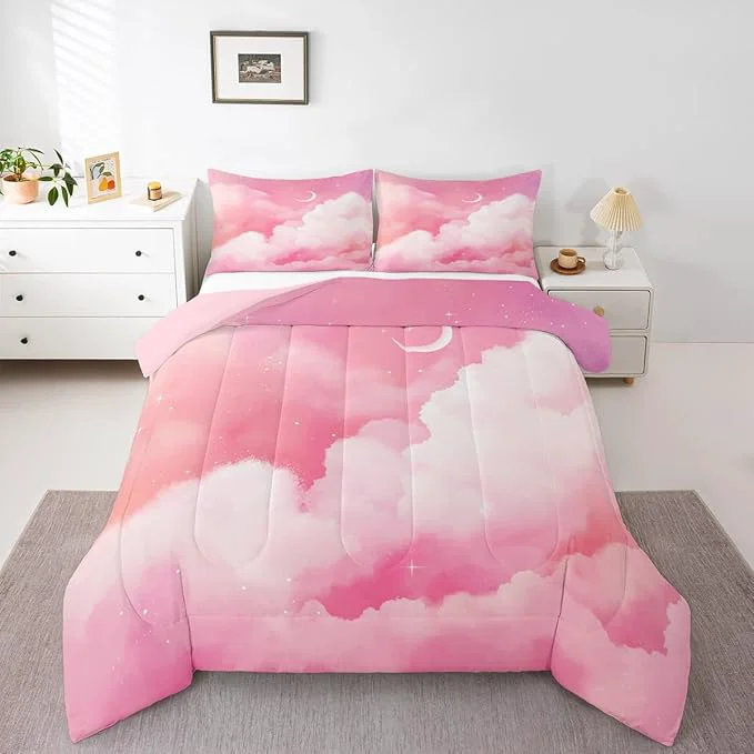 Practical Moon and Stars Comforter Set Twin Pink White Tie Dye Bedding Set for Girls Women Room Decor Reversible Aesthetic Marble Down Galaxy Space Quilted Duvet Insert Cute Warm All Season Stylish