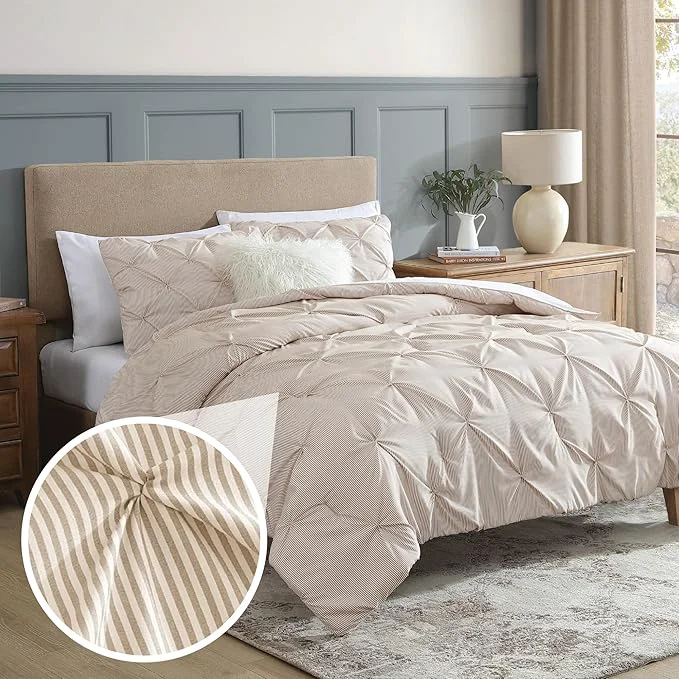 Durable Swift Home Twin Twin XL Pinstripe Taupe Comforter Set – Classic Pintuck Bedding Set – 2 Pieces Bed Linen 1 Comforter and 1 Pillow Sham Detailed