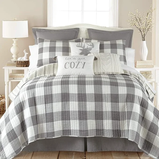 Soft Levtex Home – Camden Quilt Set -Twin Quilt One Standard Pillow Sham – Buffalo Check in Grey and Cream – Quilt Size 68 x 86 in. and Pillow Sham Size 26 x 20 in. – Reversible Pattern – Cotton Original