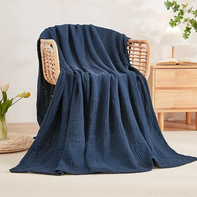 Natural EMME Cotton Blanket Twin XL for Bed Soft Muslin Blankets 66 quot x90 quot Lightweight Breathable Layering Bedspread Coverlet All Season Gauze Navy Expertly Made