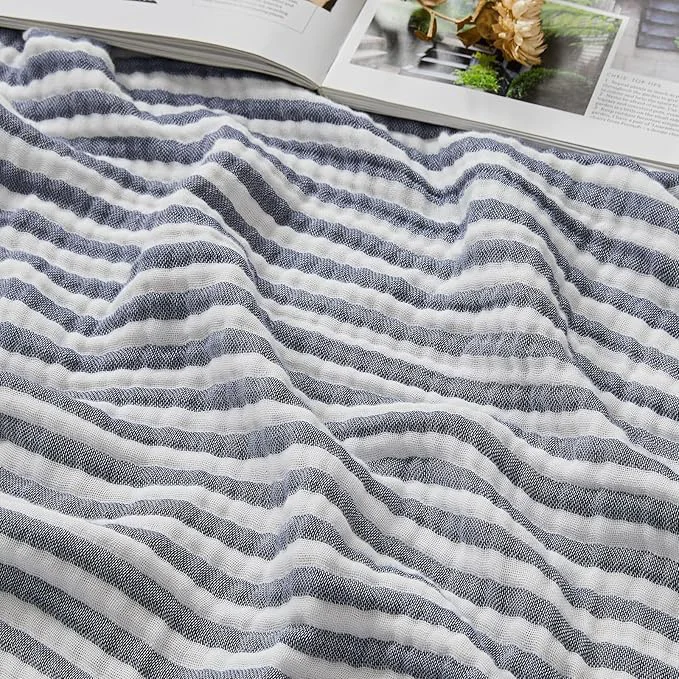 Authentic EMME Cotton Muslin Queen Blanket Bed Layering Bedspread Coverlet Breathable Gauze Soft Lightweight Adults Striped Navy 90 quot x90 quot Fast