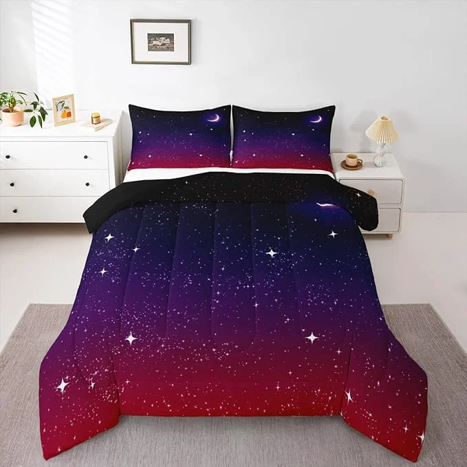 Official Erosebridal Purple Galaxy Comforter Queen Size Moon Star Comforter Set Night Starry Sky Bedding Sets Reversible Space Nebula Cosmos Aesthetic Quilt Bedding for Kids Adults 2 Pillow Cases Detailed