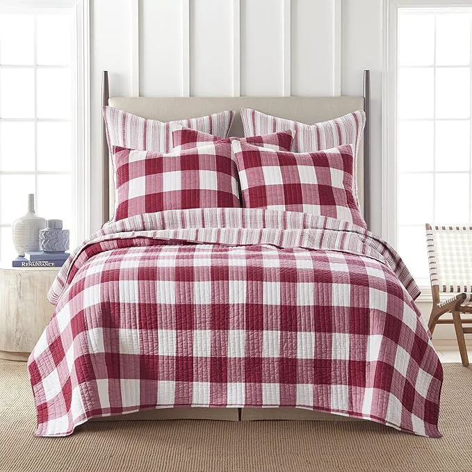 Crafted Levtex Home – Camden Quilt Set -King Quilt Two King Pillow Shams – Buffalo Check in Red and Cream – Quilt Size 106 x 92 in. and Pillow Sham Size 36 x 20 in. – Reversible Pattern – Cotton Breathable