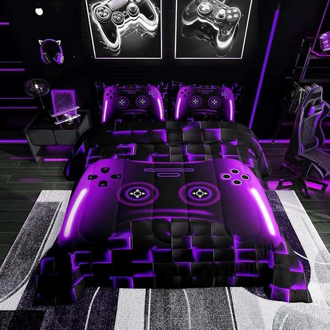Functional Gaming Twin Size Bedding Sets For Kids Boys Teen Girls Game Controller Comforter Set 2Pcs Gamer Bedding For All Season Purple And Black Geometric Checkered Quilt Set For Young Men Soft Lightweight Advanced
