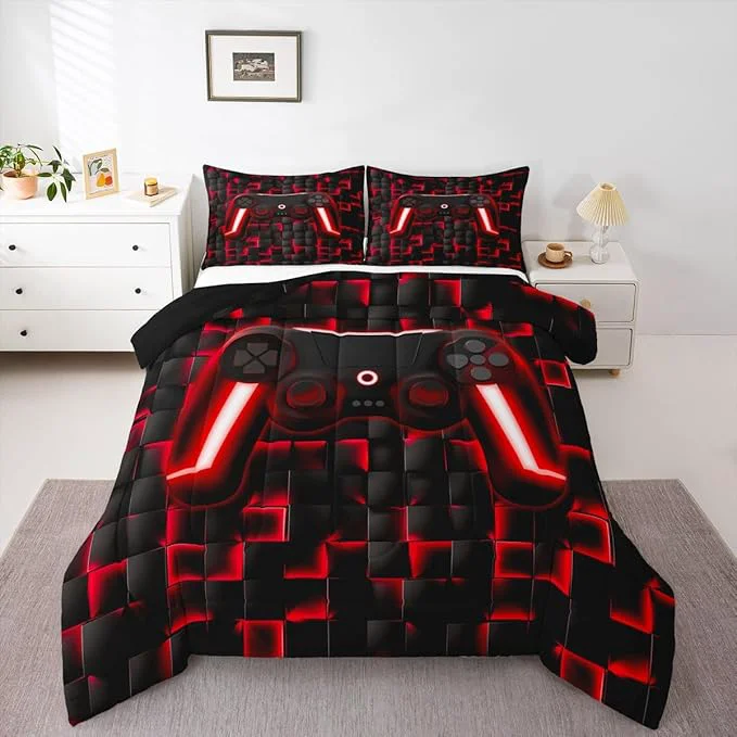 Prestigious Erosebridal Gamer Full Bedding Sets for Boys Geometric Gaming Kids Comforter Red and Black Checkered Gamepad Comforter Set for Teen Men Video Game Bed Set Neon Lights Game Controller for Boys Room Relaxed