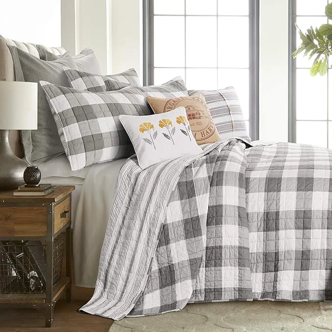 Premium Levtex Home – Camden Bedspread Set – Full 96 x 110 in. Two Standard Pillow Shams 26 x20 in. – Buffalo Check in Grey and Cream – Reversible Pattern – Cotton Crafted