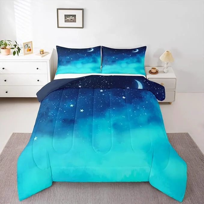 Organic Kawaii Bedding Set Twin 2 Piece Star Moon Galaxy Comforter Set for Boys Aesthetic Bed Set Star Space Down Comforter Soft Reversible Starry Sky Duvet Insert with 1 Pillow Sham Navy Blue Gradient Secure