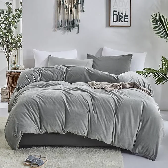 Verified Luxlovery Grey Velvet Comforter Set California King Gray Plush Fluffy Bedding Comforter Set Cal King Light Grey Winter Warm Flannel Blanket Quilts Soft Bedding Set for Women Men Fine Crafted