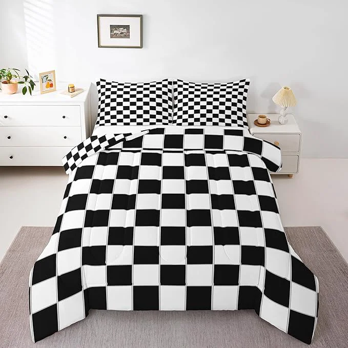 Breathable Erosebridal Boys Checkered Comforter Set Twin Black White Checkered Kids Bedding Set Teen Boy Geometric Grids Plaid Comforter Preppy Bedroom Decor Gingham Quilt Duvet 2 Pcs Organic