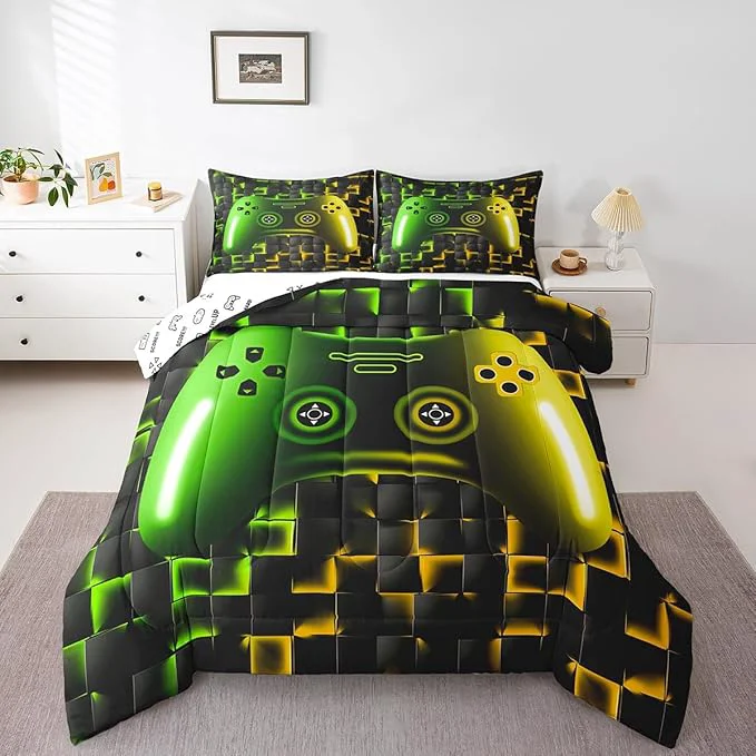 Fashionable Erosebridal Gamer Comforter Sets for Boys Queen Size Bedding Sets for Boys Girls Kids 3D Gaming Geometric Comforter Game Console Lightweight Microfiber Duvet Quilt Neon Yellow Black Green Glowing Soft