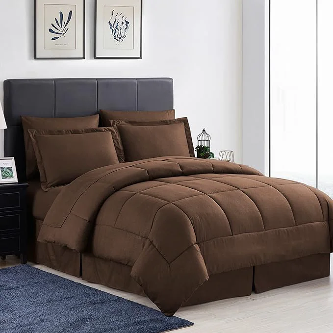 Optimized Queen Comforter Set 8 Piece Bed in a Bag with Bed Skirt Fitted Sheet Flat Sheet 2 Pillowcases 2 Pillow Shams Queen Greek Key Chocolate Official