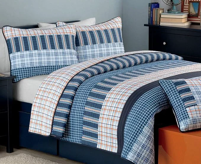 Premium Material Cozy Line Home Fashions Bennett Quilt Bedding Set Nautical Navy Orange Grid Striped Cotton Reversible Coverlet Bedspread for Boy Navy Orange Twin – 2 Piece Elegant