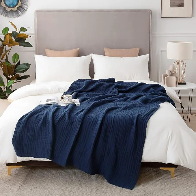 Fine Crafted EMME Cotton Blanket Queen Size for Bed Soft Large Muslin Bed Blankets 90 quot x90 quot Lightweight Breathable All Season Gauze Blanket Navy Unique