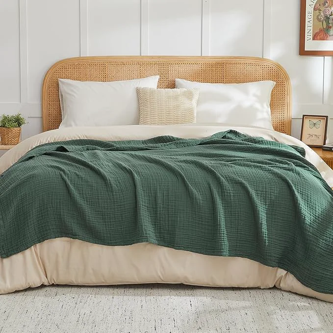 Organic EMME Cotton Muslin Queen Blanket Bed Layering Breathable Gauze Blanket Soft Lightweight Blankets Adults Forest Green 90 quot x90 quot Optimized
