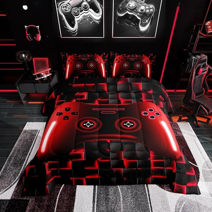 Solid Erosebridal Queen Gaming Bedding Sets for Boys Red Game Console Kids 3D Black Gamer Comforter Set with 2 Pillowcases for Boys Girls Teen Lightweight Geometric Gamepad Bedroom Set Red Queen Casual