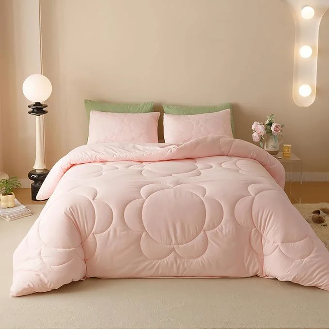 Classic Luxlovery Pink Sunflower Comforter Set Full Light Pink Quilts Blush Pink Bedding Comforter Set Boho Farmhouse Plain Color Soft Breathable Cozy Comforter Women Girls Elegant