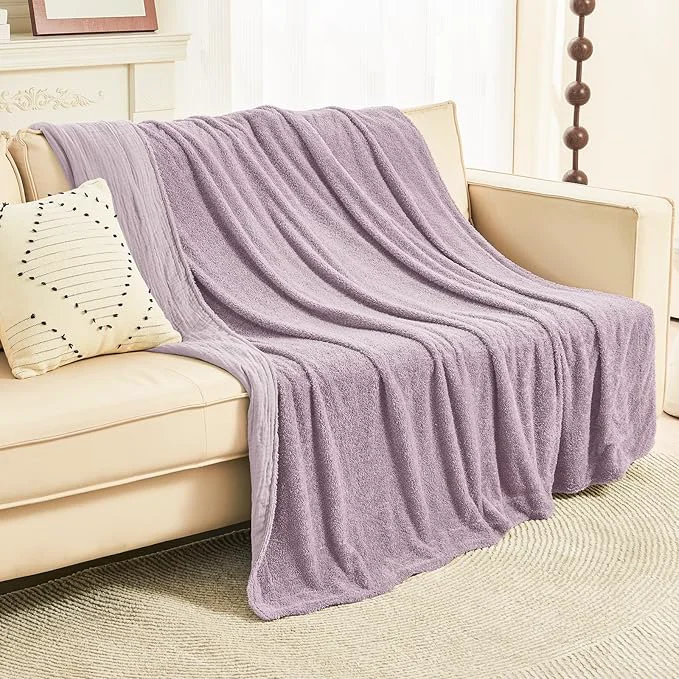 Recyclable EMME Muslin and Fleece Twin Blanket Reversible – 60 quot 80 quot Lavender Soft Warm Throw Blankets for Couch Bed Picnic Travel Bed Refined