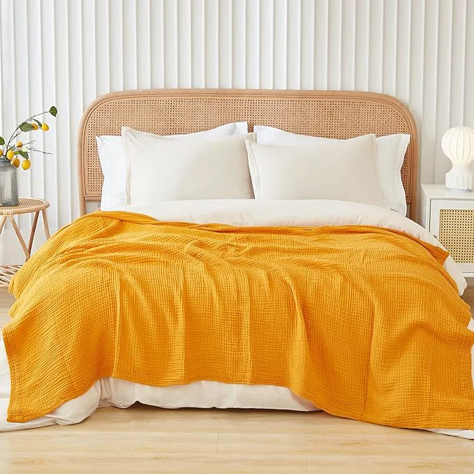 Authentic EMME Cotton Blanket Queen Size for Bed Soft Large Muslin Bed Blankets 90 quot x90 quot Lightweight Breathable All Season Gauze Blanket Mustard Yellow Prestigious