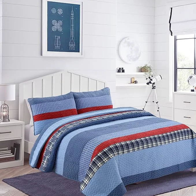 Clean Cozy Line Home Fashions Sailor Navy Striped Cotton Reversible Bedding Quilt Set Coverlet Bedspread for Boys Kids Navy Red Twin – 2 Piece Flexible