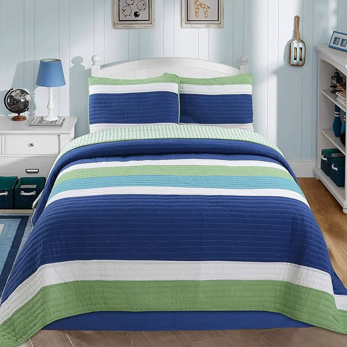 Enhanced Cozy Line Home Fashions Waylon Navy Blue Green White Striped Cotton Reversible Bedding Quilt Set Coverlet Bedspread Blue Green Twin – 2 Piece High-Grade