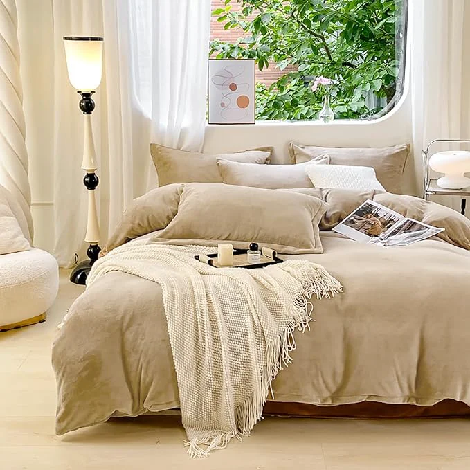 Trendy Luxlovery Cream Coffee Velvet Comforter Queen Khaki Flannel Bedding Minimalist Bedding Solid Dark Champagne Blanket Quilts Heavyweight Winter Taupe Color High-Quality