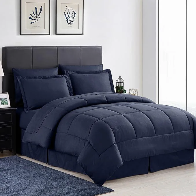 Convenient Sweet Home Collection King Size Greek Key Navy 8 Piece Bedding Set – Smooth Piped Edging Sewn-Through Construction Overfilled for Pure