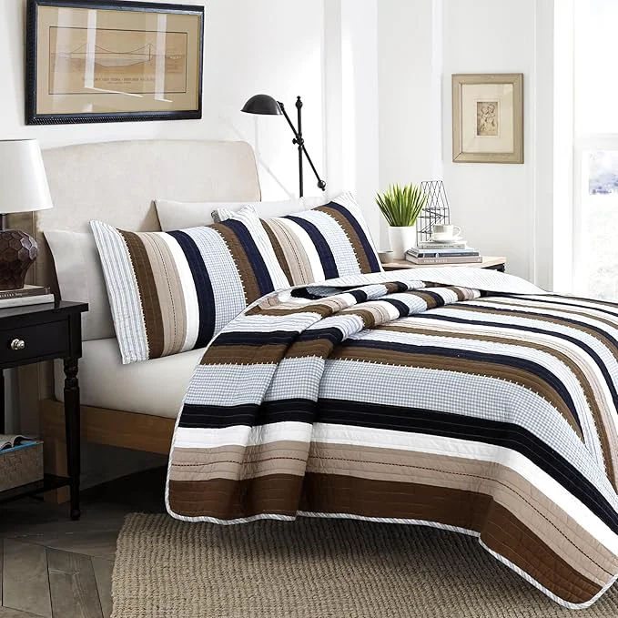 High-Quality Cozy Line Home Fashions Sailor Navy Blue Star Striped Print Cotton Reversible Bedding Quilt Set Nathan Stripe King Expertly Made
