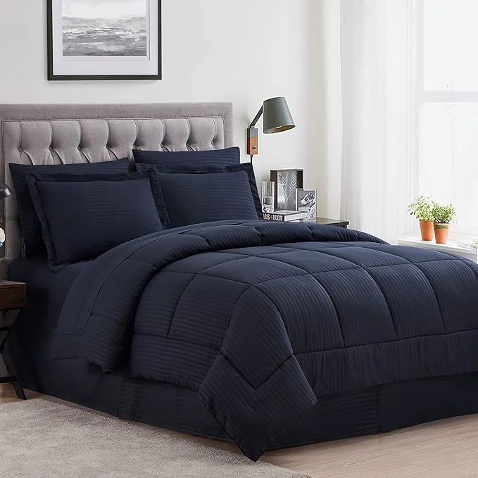 First-Class Sweet Home Collection 8 Piece Comforter Set Bag with Dobby Stripe Design Bed Fitted 1 Flat Sheet 2 Pillowcases 2 Shams King Navy Pack of 3 Efficient