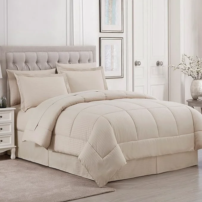 User-Friendly Queen Comforter Set 8 Piece Bed in a Bag with Bed Skirt Fitted Sheet Flat Sheet 2 Pillowcases 2 Pillow Shams Queen Dobby Beige Innovative