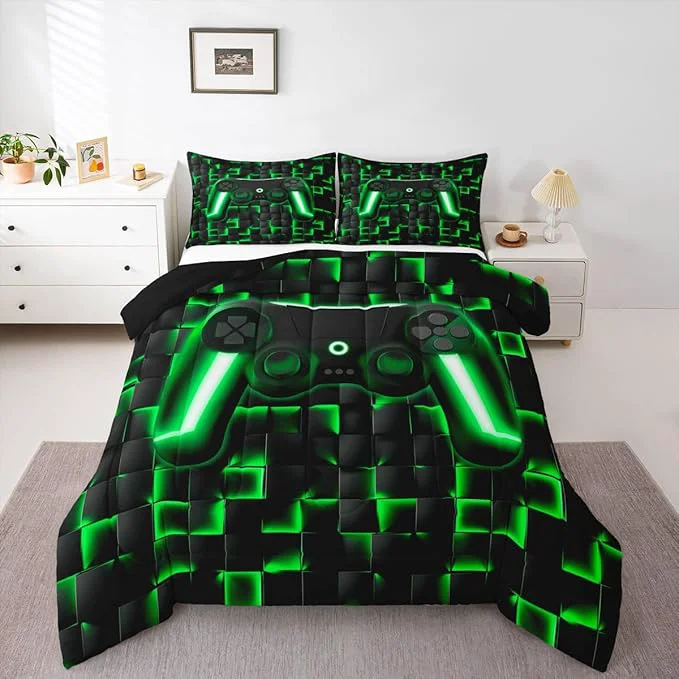 Genuine Erosebridal Gamer Comforter Full Bedding Sets for Boys 3D Geometric Gaming Comforter Set for Kids Girls Men Neon Ombre Checkered Game Console Bed Set Lightweight Quilt Duvet 3 Piece Black Green Soft
