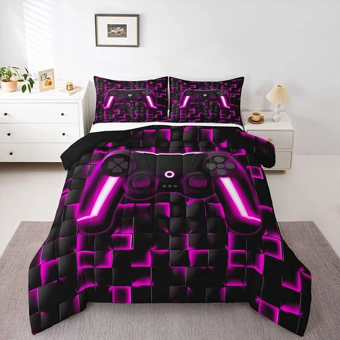 High-Grade Erosebridal Video Game Comforter Set Full Gaming Down Comforter Gaming Bedding Sets for Kids Boys Girls Teen 2 Pcs Black Purple Checkered Gamepad Bed Set Neon Lights Geometric Lightweight Quilt Smart
