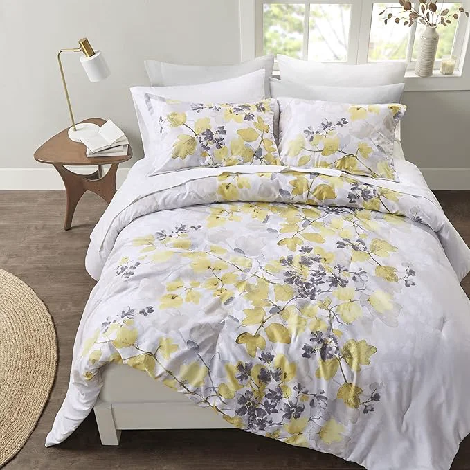 Fast Madison Park Essentials Bed in A Bag – Trendy Casual Design Cozy Comforter with Complete Sheet Set with Side Pocket All Season Cover Matching Shams King Alexis Leaf Yellow 9 Piece Elegant