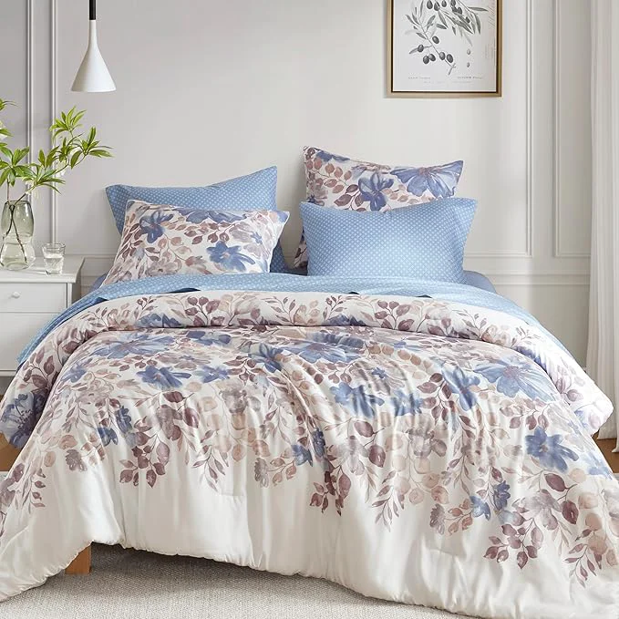 Luxury Madison Park Essentials Queen Comforter Set with Sheets Floral Bed in A Bag Microfiber Comforter for Queen-Size Bed Shabby Chic Queen Bedding Set Diamond Printed Sheet Luna Queen Blue 7 Piece Fast