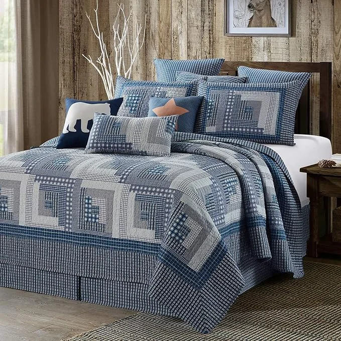High-End Virah Bella 3 Piece King Cabin Quilt Bedding Set – Montana Cabin Blue Gray – Rustic Country Reversible Patchwork Comforter Set with Decorative Pillow Shams Blue Gray Certified