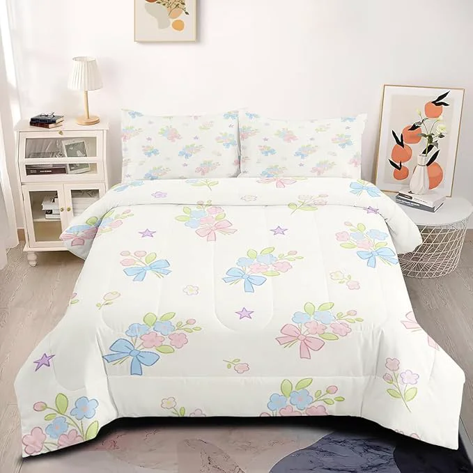 Efficient White Cartoon Floral Comforter Set Full Size Cute Flowers Bedding Set for Girls Bedroom Decor 3Pcs Pink Bow Comforter 79 quot x 90 quot with 2 Pillowcases User-Friendly