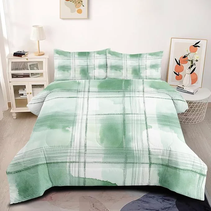 Top-Quality Kids Green Tie Dye Bedding Set 2Pcs Twin Abstract Checkered Comforter Set for Girls Room Decor Soft Microfiber for All Season 1 Comforter 68 quot x 90 quot and 1 Pillowcase Unique