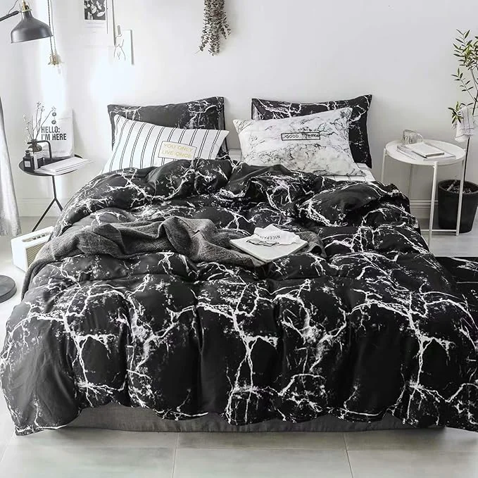 Premium Luxlovery Black Marble Comforter Set Queen Black Marble Bed Set Full Cotton Comforter Cozy Beathable Soft Black and White Marble Quilts Blanket Modern Comforter Set Green